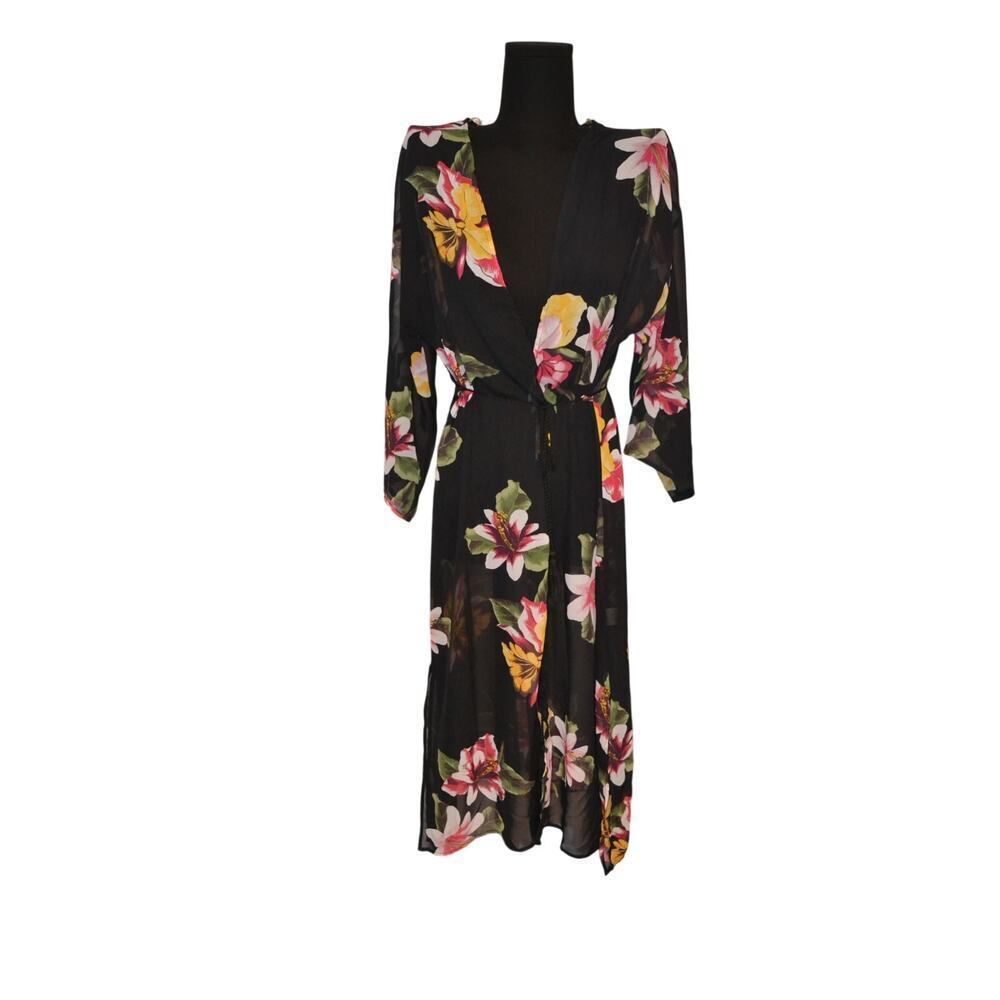 Iris Sheer Black Floral Tie Front Kimono Style Duster Cardigan Size Small NWT